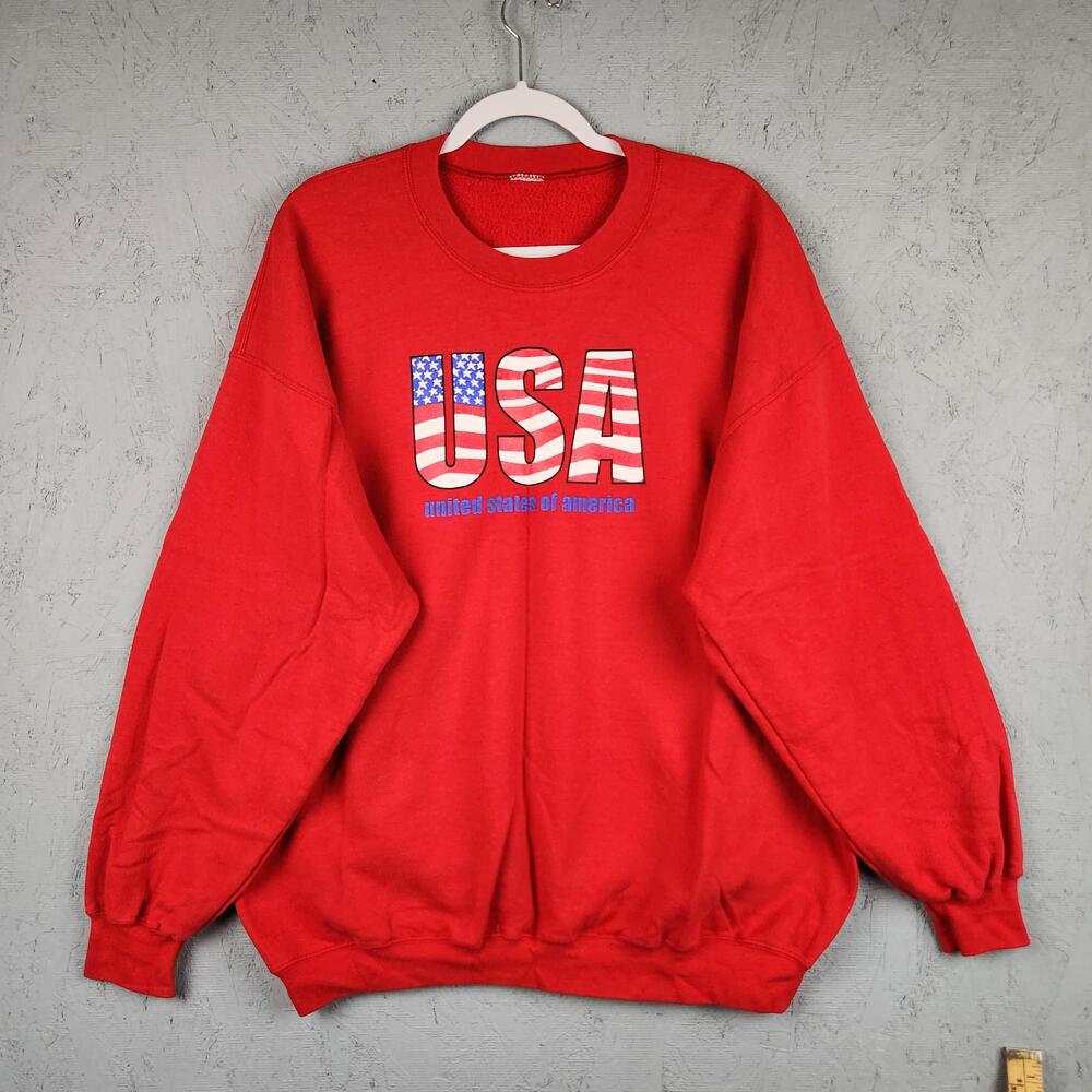 Vintage USA Flag Sweatshirt Mens Large Red American Patriotic Crewneck Pullover